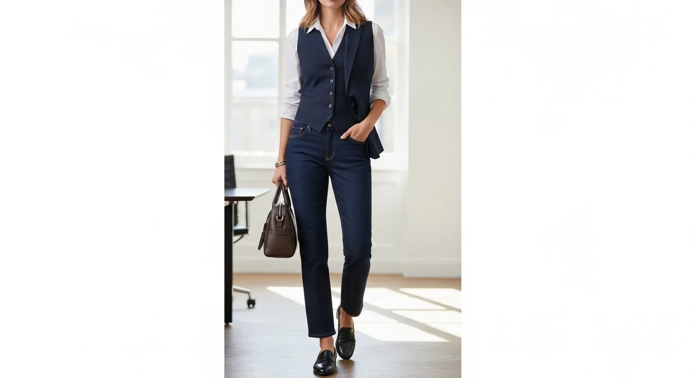 A professional woman in dark wash barrel jeans, a structured blouse, and ankle boots for a business casual office look