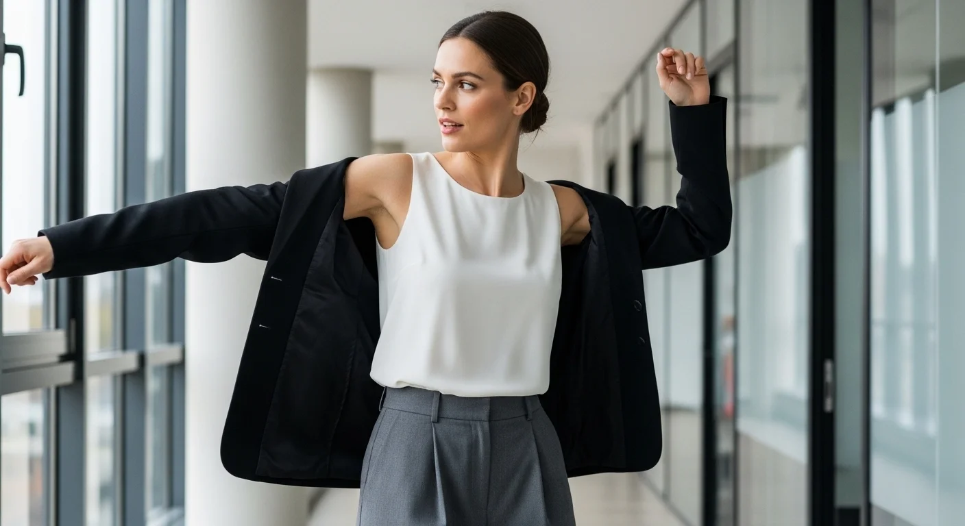A professional woman layering a black blazer over a fitted shell blouse and wide leg gray trousers in a bright office hallway