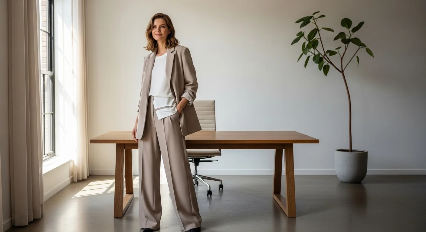 A stylish professional woman in a modern unstructured blazer and wide leg trousers with contemporary styling details in a minimalist office