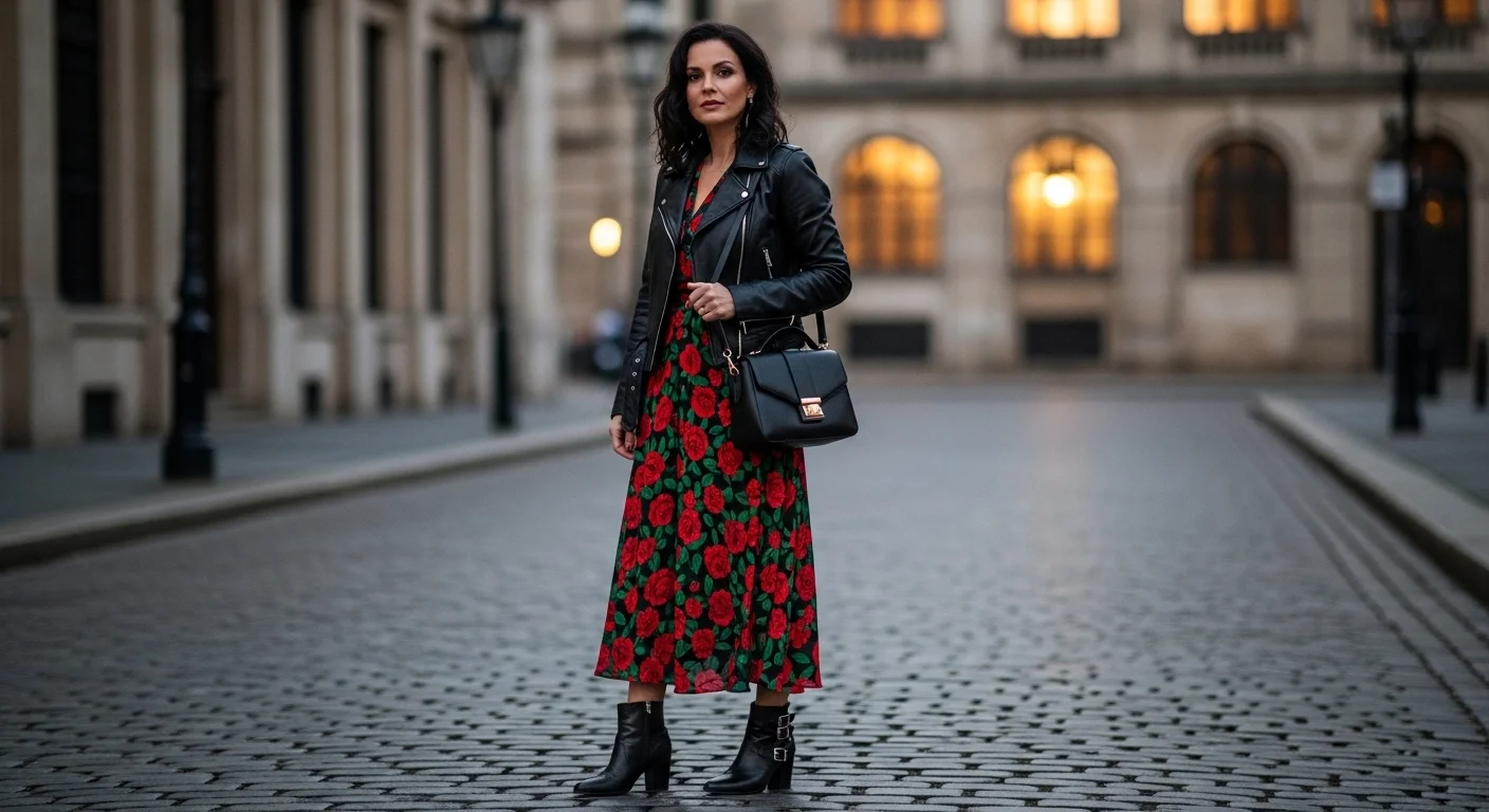 A stylish woman in her 40s wearing a classic black leather jacket over a feminine outfit
