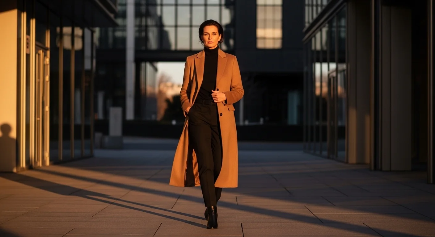 A stylish woman over 40 making a bold fashion statement in a luxurious camel cashmere coat