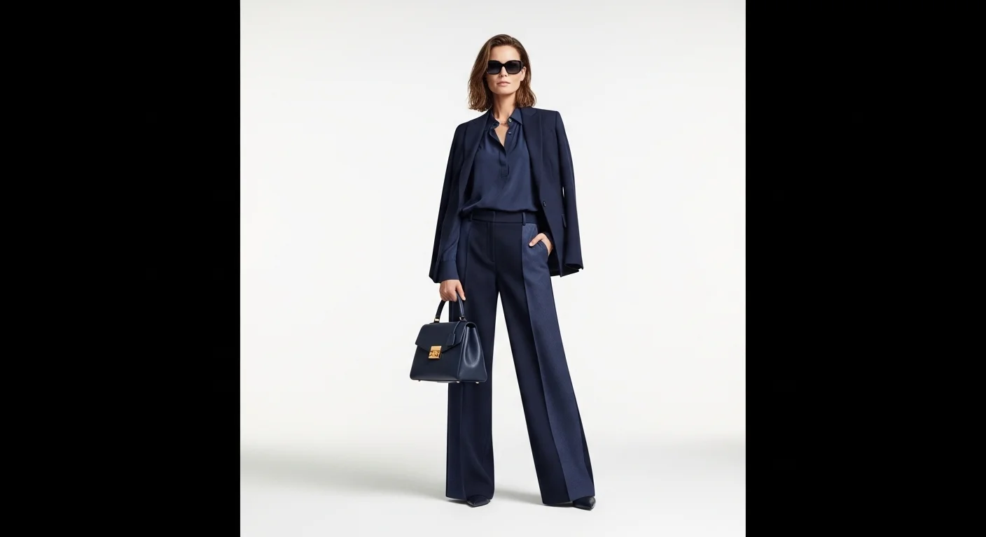 A stylish woman over 40 wearing a head to toe navy monochromatic outfit