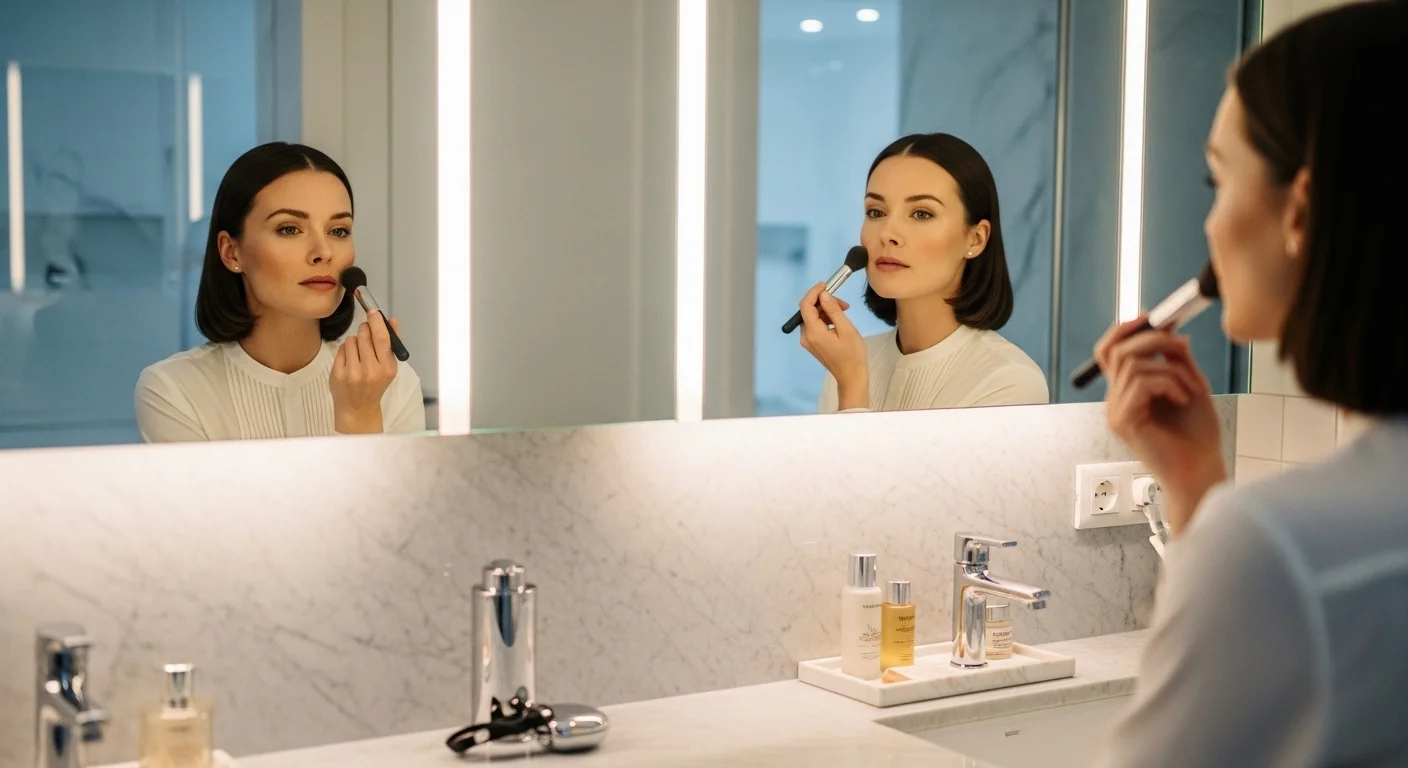A well groomed professional woman styling her hair and applying minimal makeup in a bright modern bathroom mirror