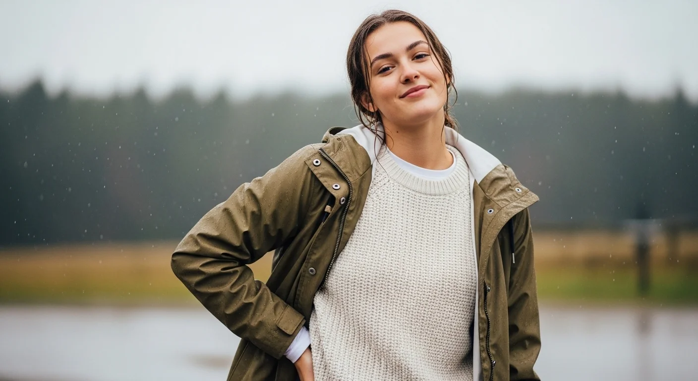 A woman demonstrating three layer rainy day outfit with a base layer sweater and waterproof jacket outdoors
