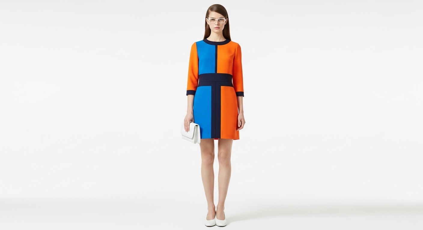 A woman in a bold color block mod dress featuring electric blue and bright orange panels with white accessories in 1960s fashion