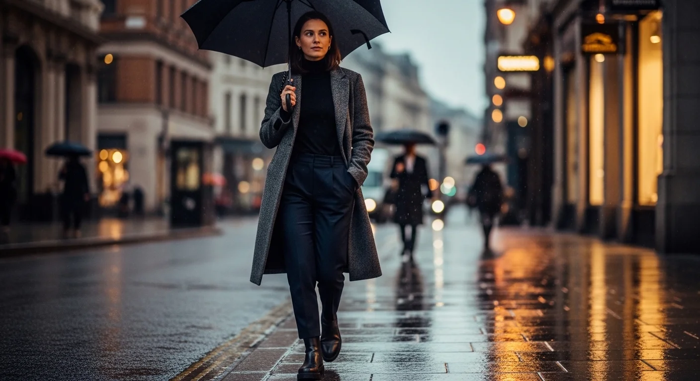 A woman in a charcoal coat, black turtleneck, and navy trousers walking on a rainy urban street