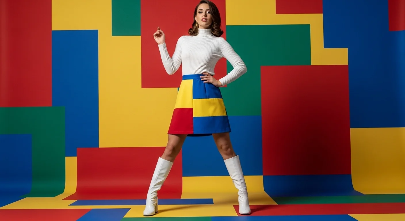 A woman in a mod mini skirt and ribbed turtleneck wearing iconic white vinyl go go boots in a 1960s inspired outfit