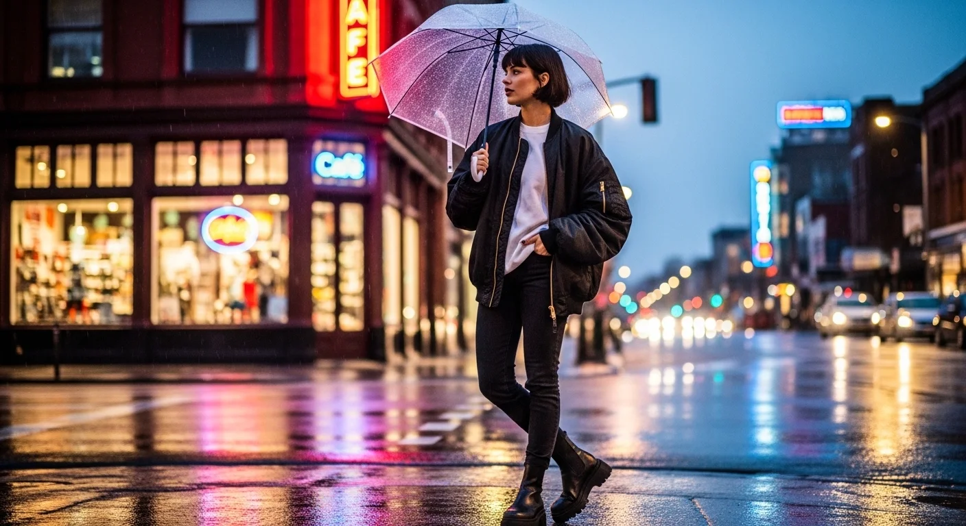 A woman in an oversized black nylon bomber jacket crewneck jeans and lug sole boots on a wet city street