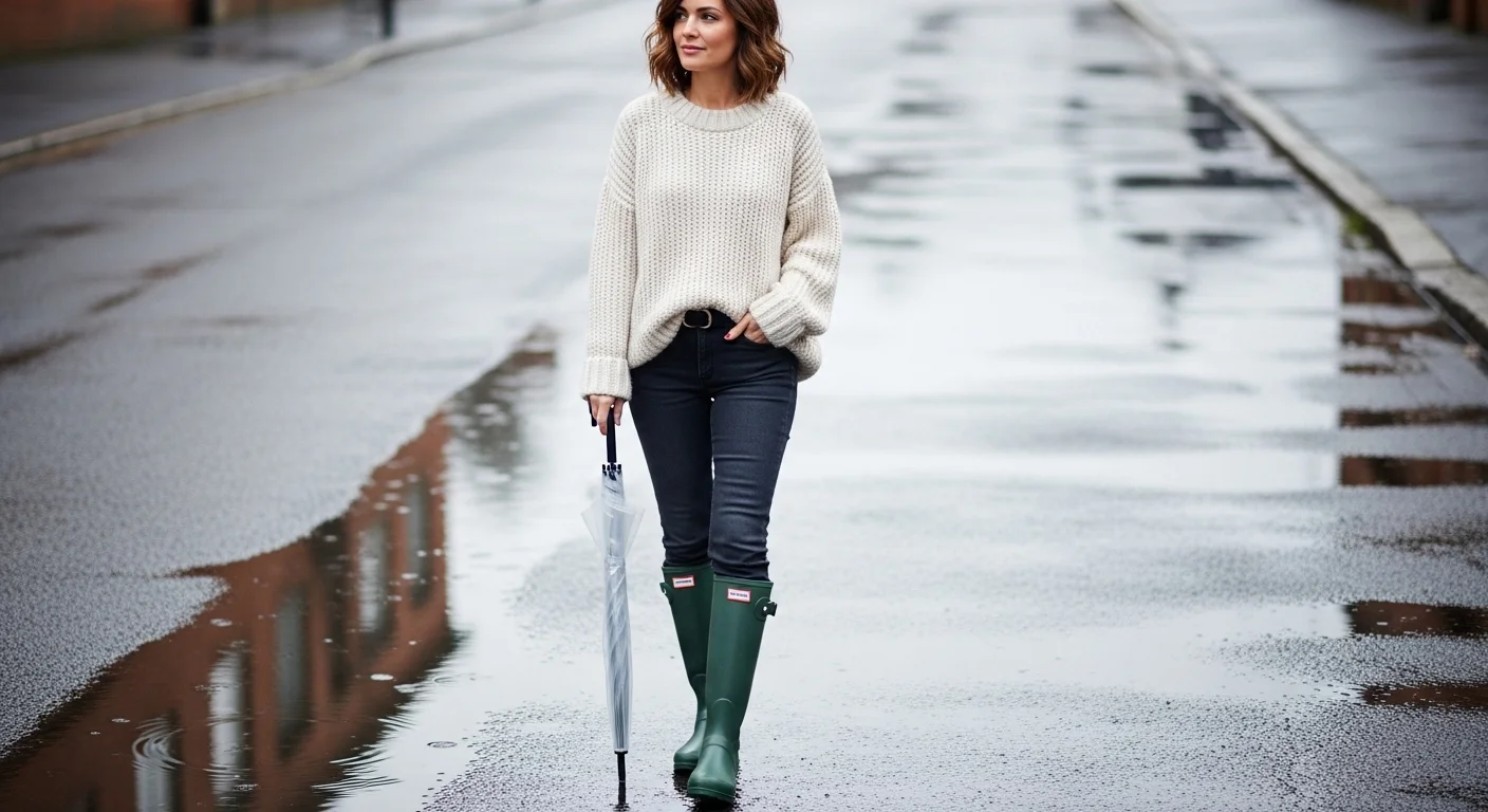 A woman in slim dark jeans tucked into green rain boots and an oversized knit sweater standing on a wet street