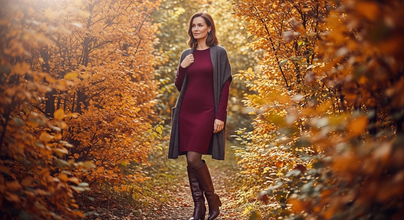 A woman over 40 wearing a chic merino wool knit dress paired with knee high leather boots
