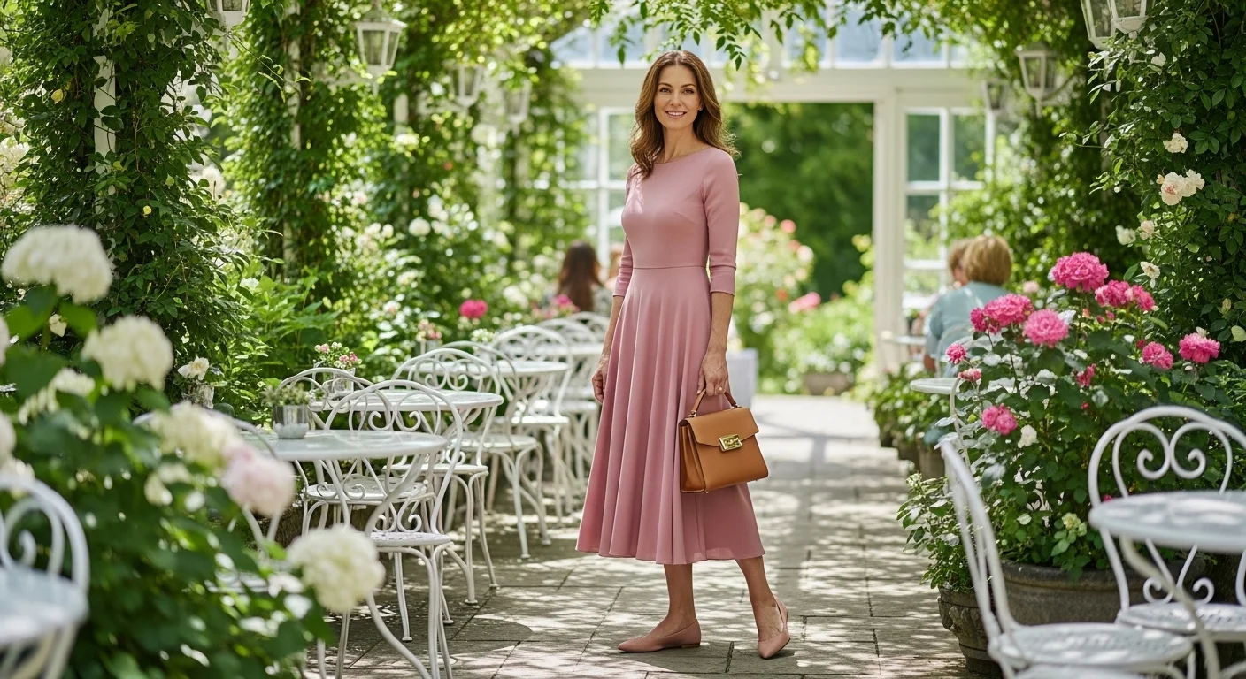 A woman over 40 wearing a flowing midi dress paired with elegant pointed toe flats