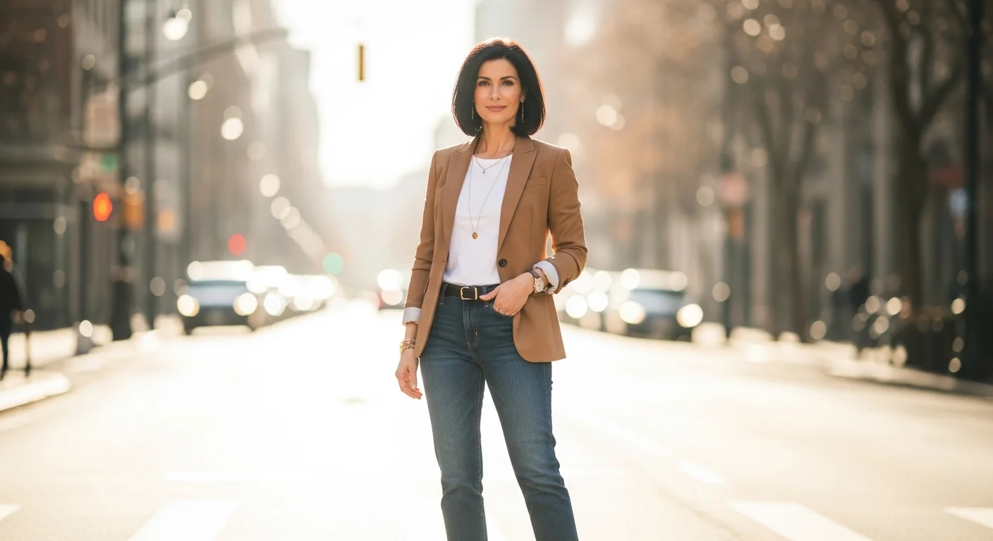 A woman over 40 wearing a tailored blazer with dark wash jeans and ankle boot