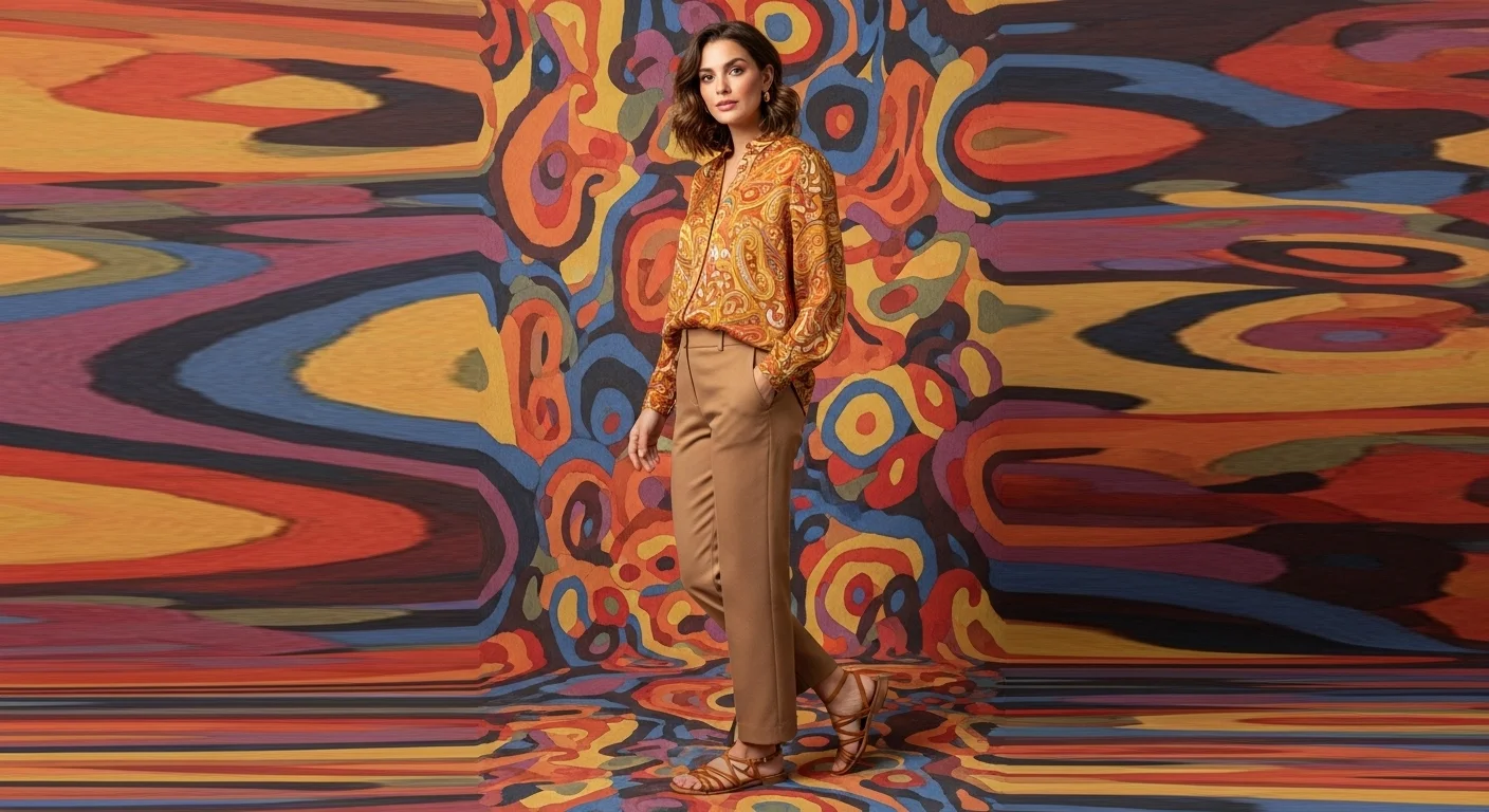 A woman wearing a bold swirling psychedelic paisley print blouse with straight leg trousers and leather sandals in late 1960s fashion