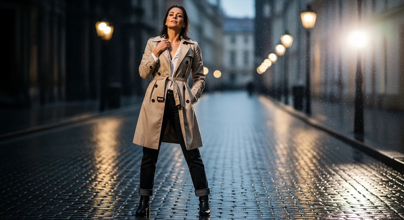A woman wearing a classic belted beige trench coat with dark jeans and ankle boots on a rainy cobblestone street