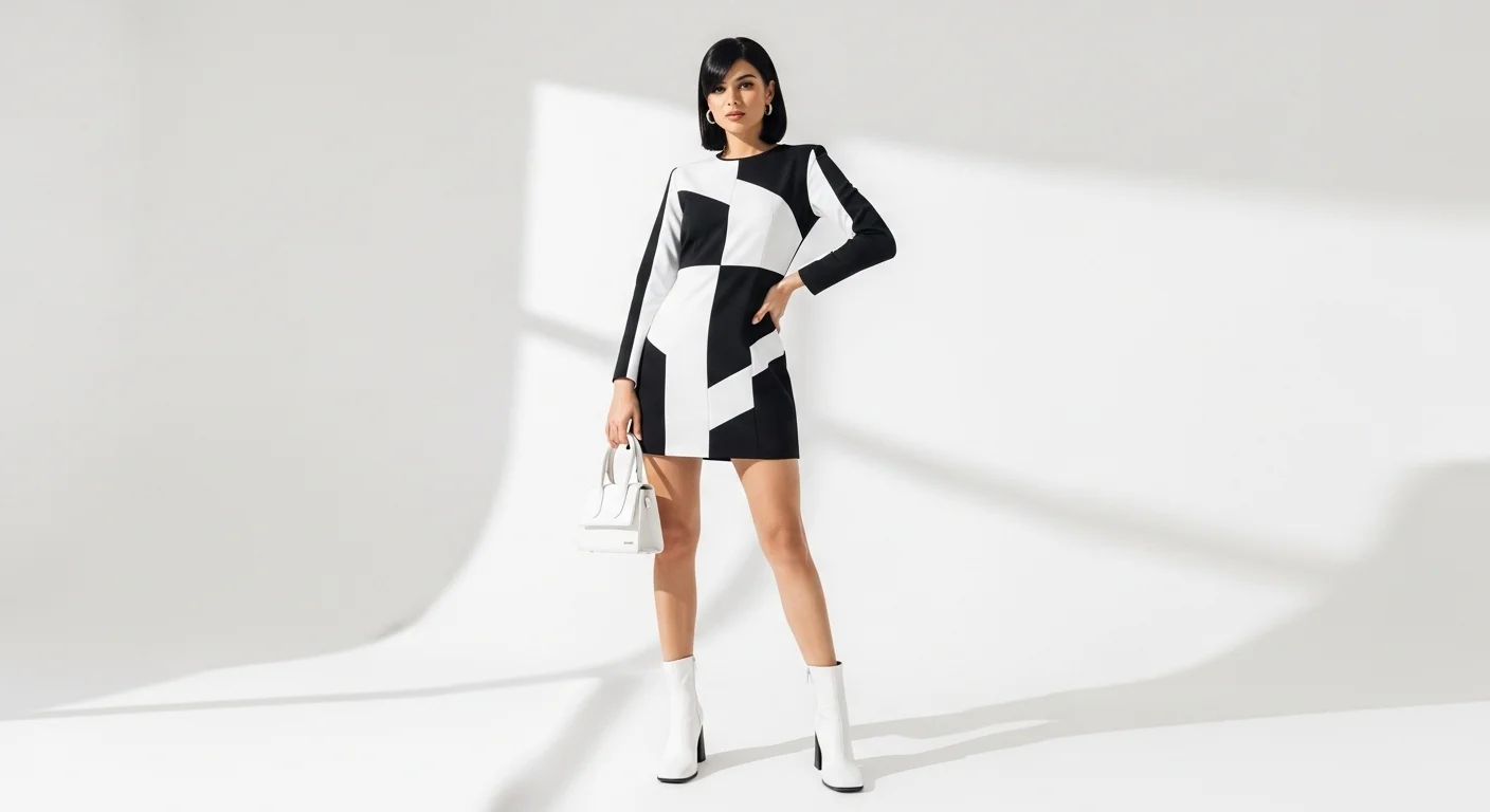 A woman wearing a classic black and white geometric mod mini dress with white go go boots inspired by 1960s fashion
