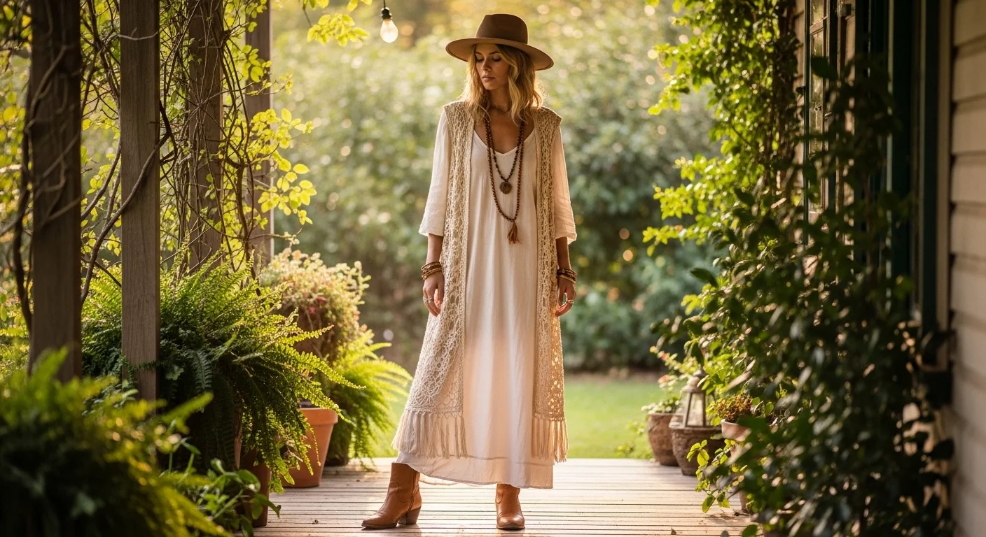 A woman wearing a crochet vest layered over a white slip dress with a wide brimmed hat wooden beads and ankle boots in a late 1960s boho look