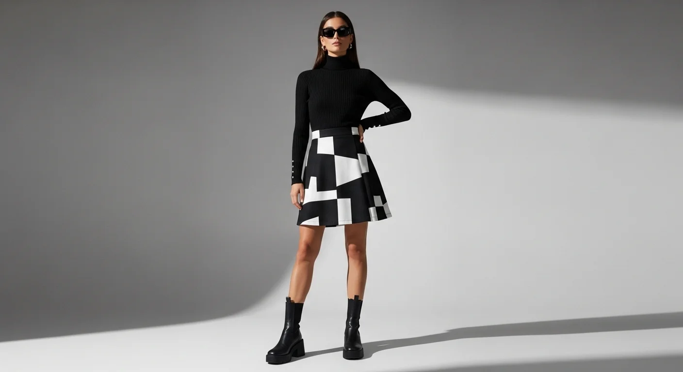 A woman wearing a fitted black ribbed turtleneck with a geometric print A line mini skirt and block heeled boots in 1960s mod fashion