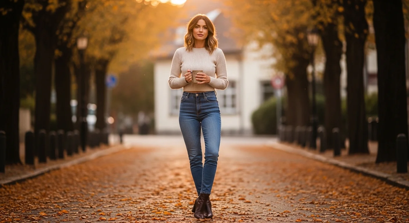A woman wearing a fitted ribbed knit sweater half tucked into barrel jeans with ankle boots in an autumn setting