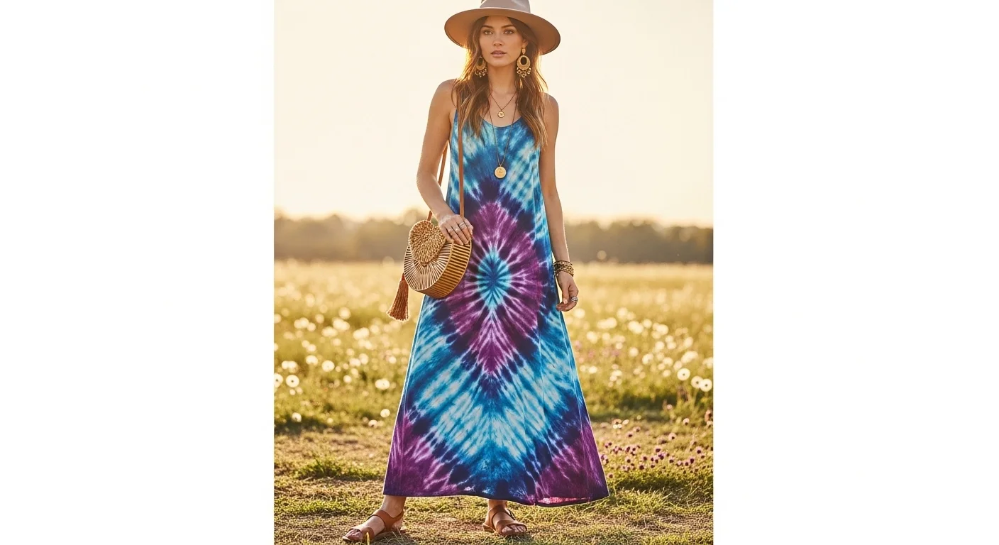 A woman wearing a flowing tie dye maxi dress with leather sandals a woven bag and a wide brimmed hat in late 1960s hippie style