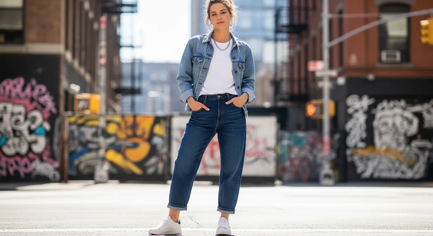 A woman wearing a light wash denim jacket over a white tee with dark indigo barrel jeans and clean sneaker