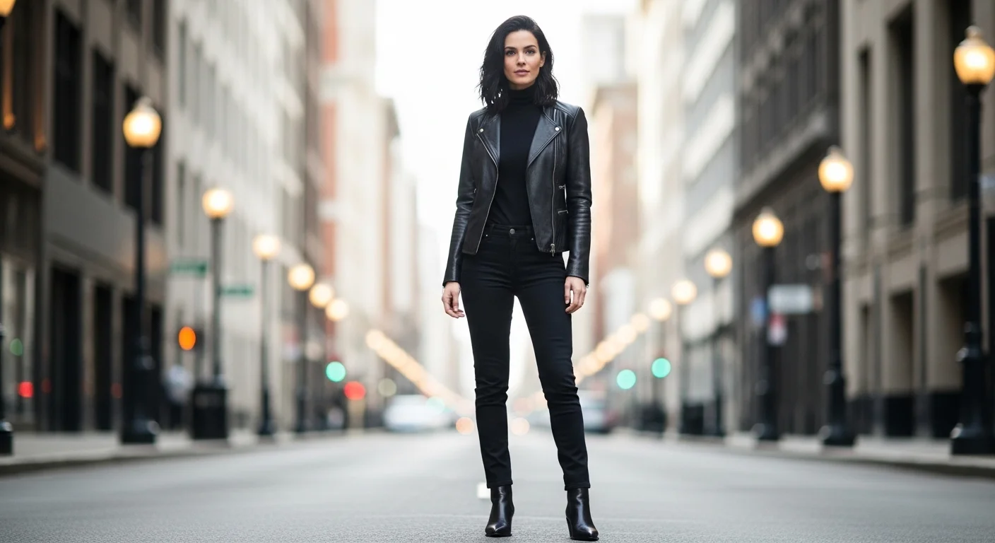 A woman wearing an all black monochrome outfit with slim black jeans, turtleneck, leather jacket, and Chelsea boots on a city street
