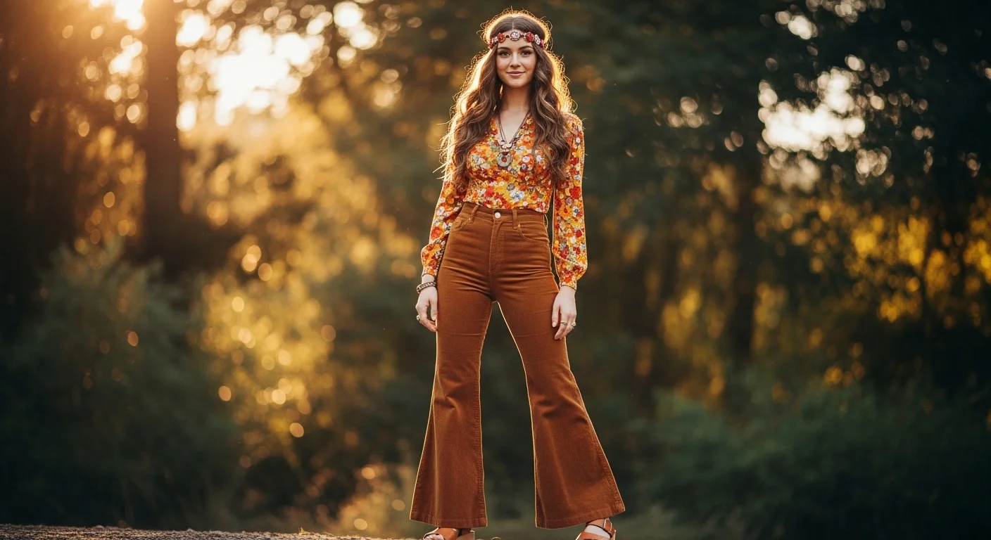 A woman wearing high waisted flared bell bottom trousers with a fitted blouse and platform sandals in late 1960s hippie fashion
