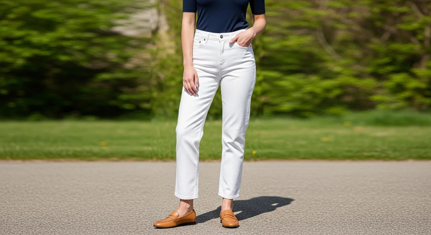A woman wearing white barrel jeans with a navy fitted top and tan leather loafers in a bright spring outdoor setting
