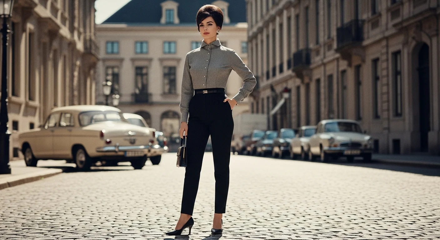 An elegant woman wearing high waisted black cigarette pants with a fitted button front blouse and pointed toe kitten heels in early 1960s style
