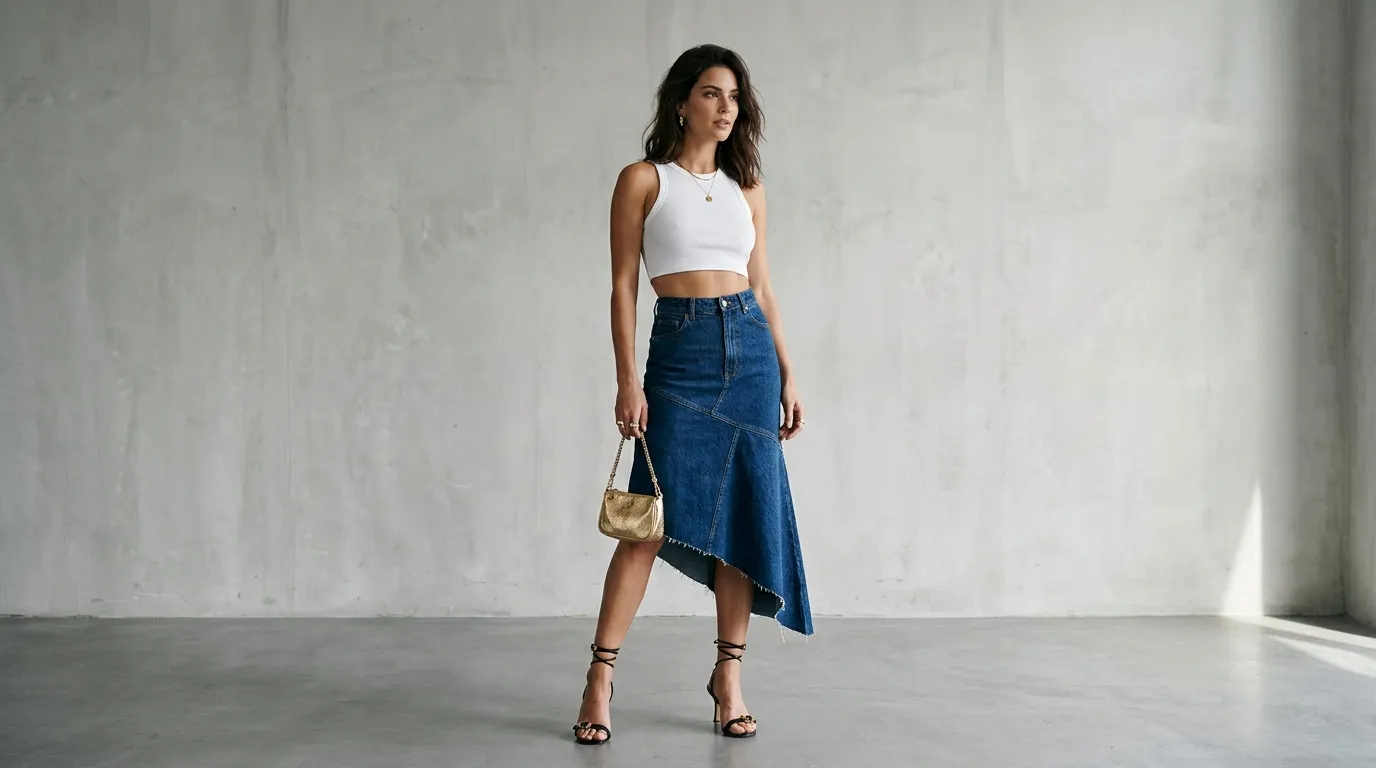 Asymmetric Jean Skirt with a Crop Top