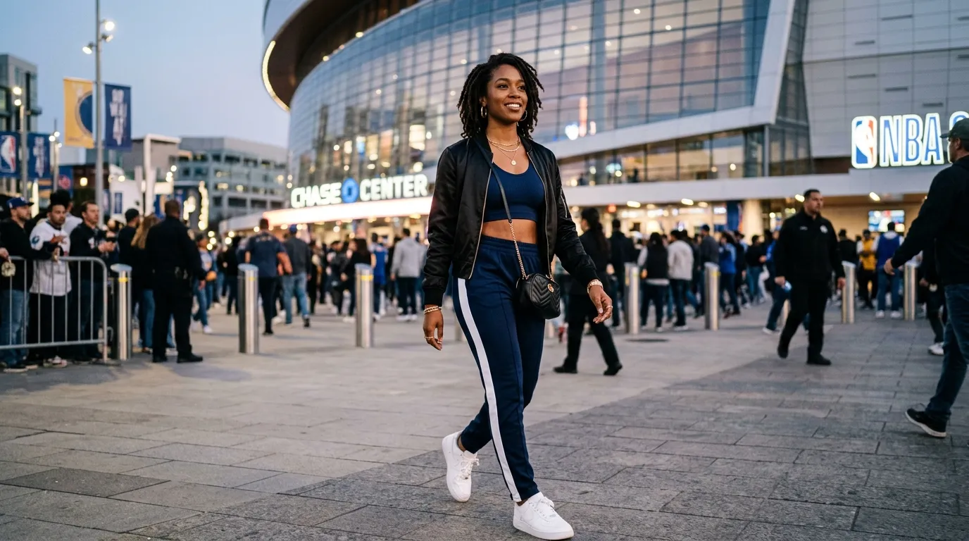 Athleisure Done Right Sports Bra, Track Pants, and a Bomber Jacket