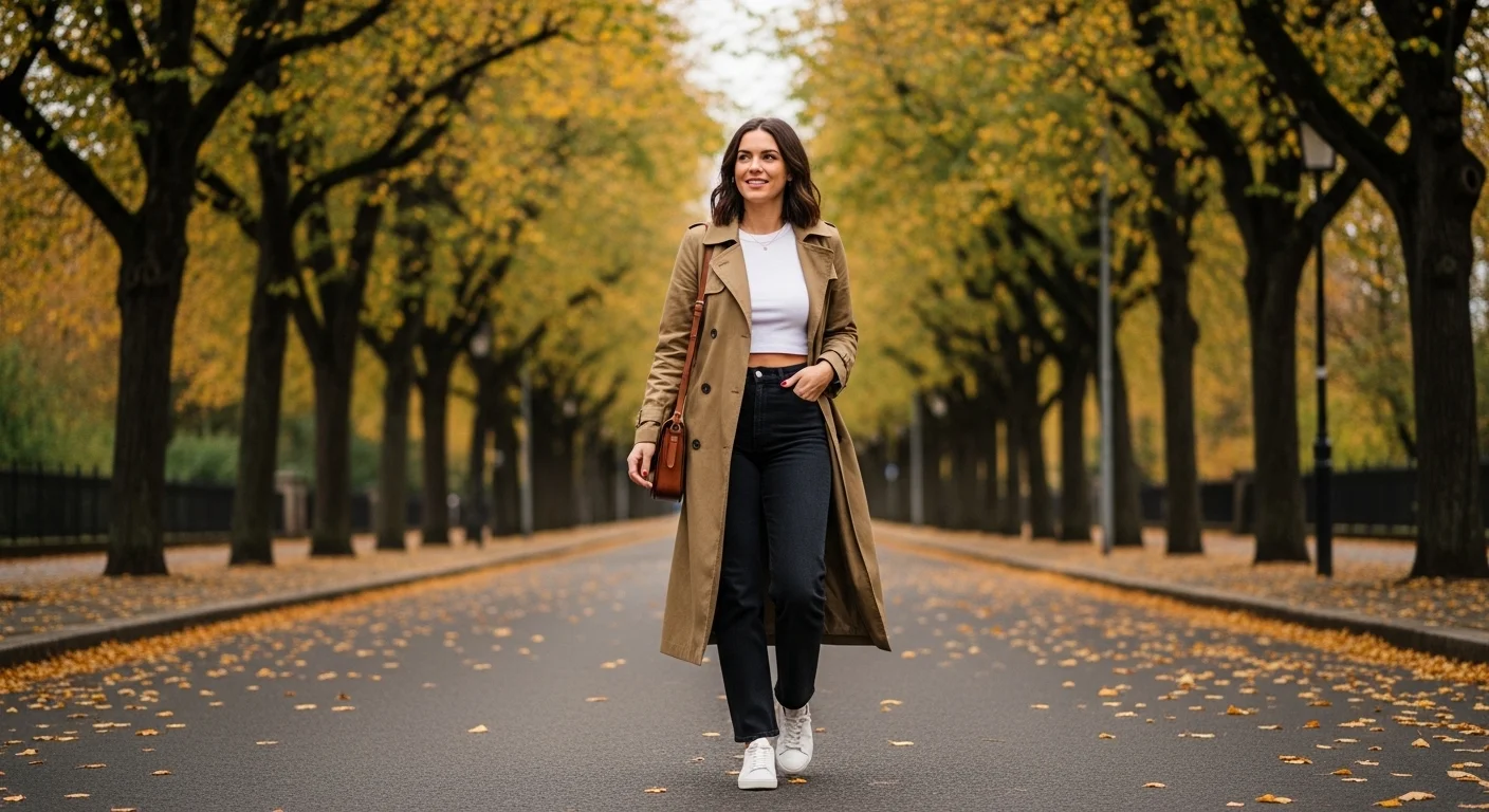 Transitional season black jeans outfit with khaki trench coat white tee and sneakers for spring and fall styling