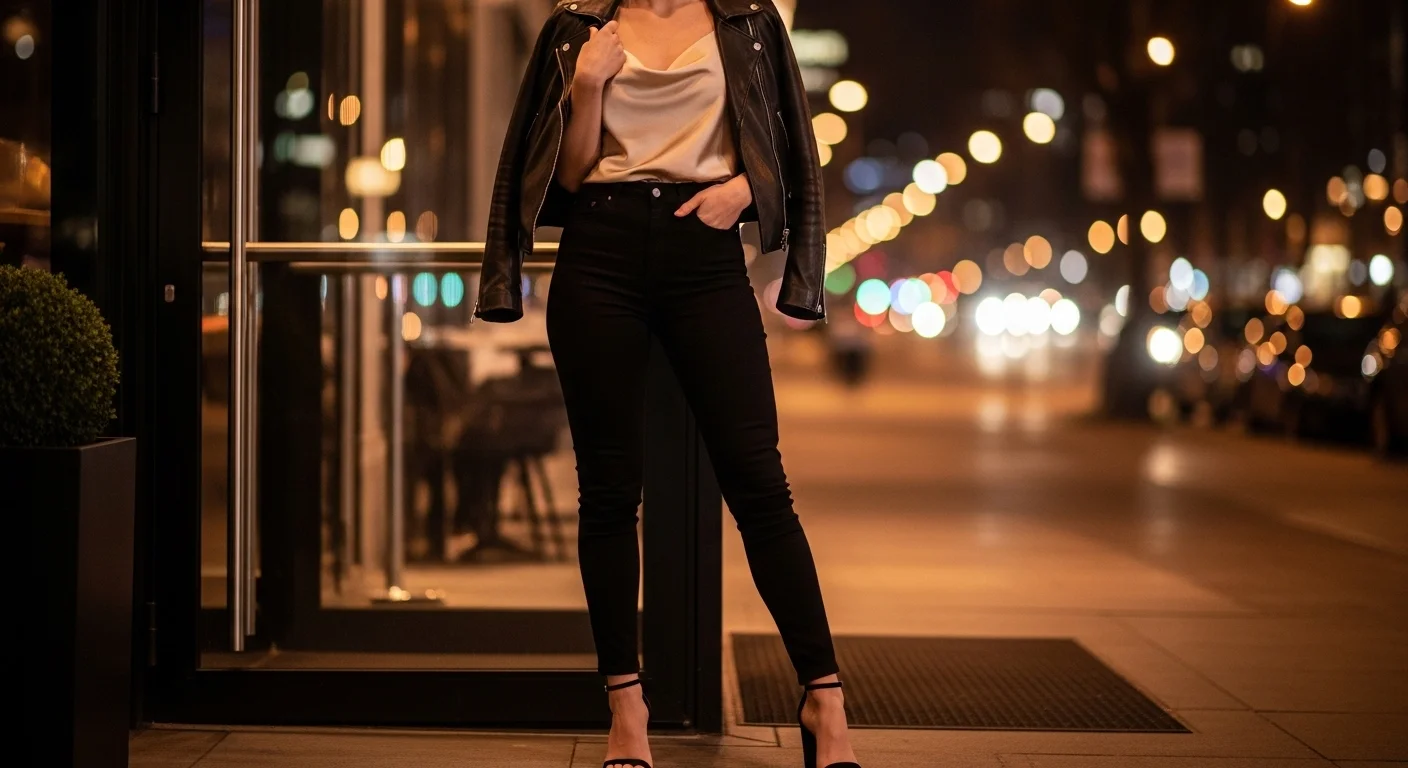 Black jeans night out outfit with satin camisole leather jacket and strappy heels for an elevated evening look