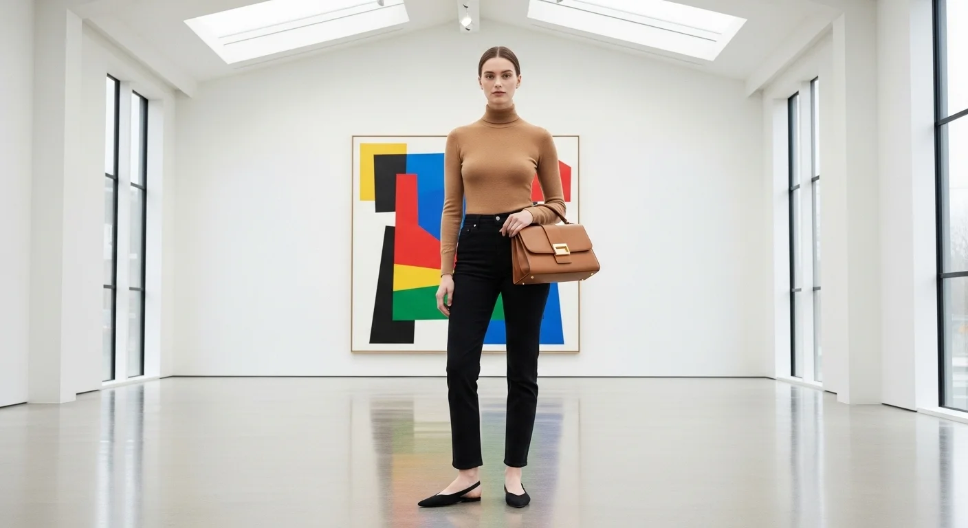 Elevated casual outfit with black jeans and camel turtleneck styled with slingback flats and a top-handle bag