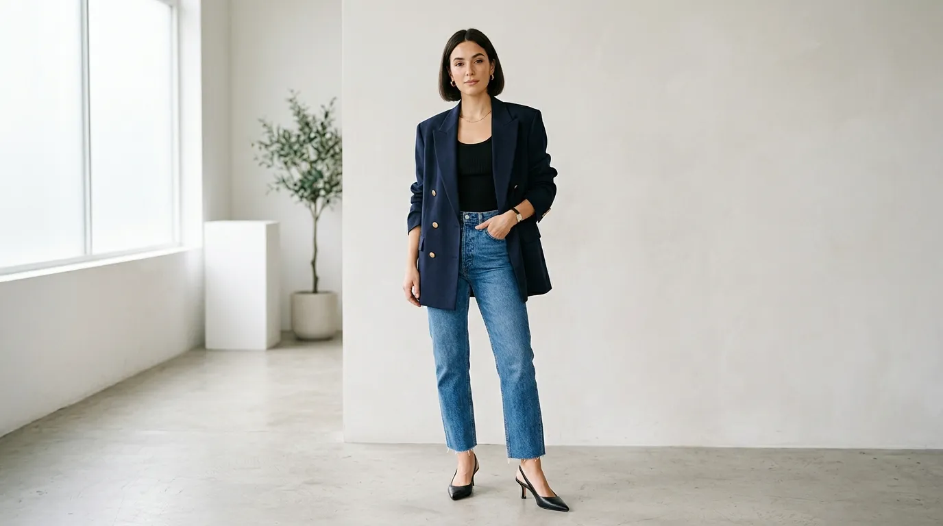 Black Tank Top Under a Double Breasted Blazer