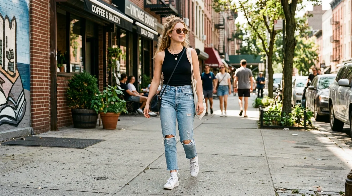 Black Tank Top with Distressed Jeans and Sneakers