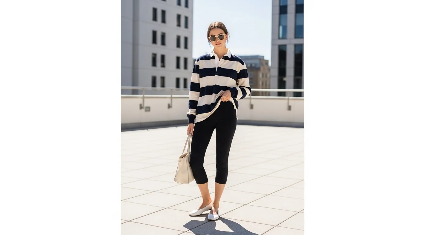 Black capri leggings with a navy striped rugby shirt and white ballet flats for a fresh preppy casual everyday outfit