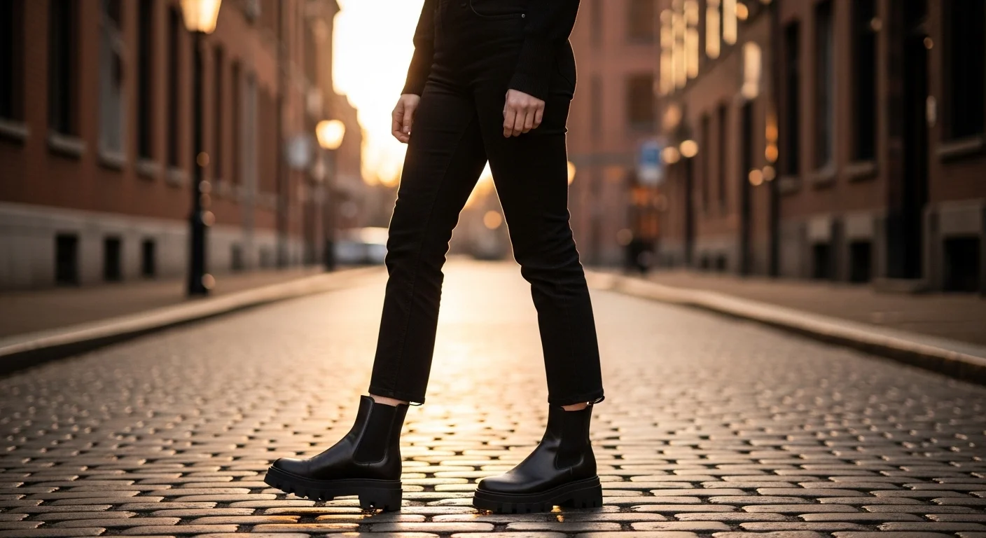 Black jeans and ankle boots pairing on a cobblestone street showing a timeless and stylish combination