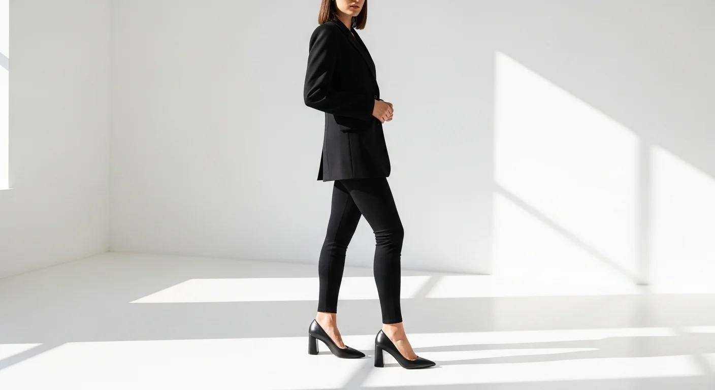 Black leggings elevated with a structured blazer and pointed toe block heels for a polished and fashion forward outfit