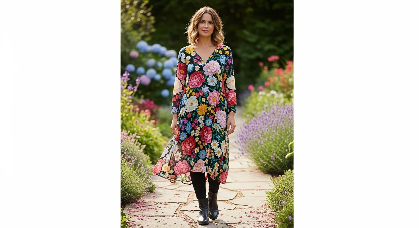 Black leggings layered under a floral midi dress with ankle boots for a seasonally versatile and modern layered outfit