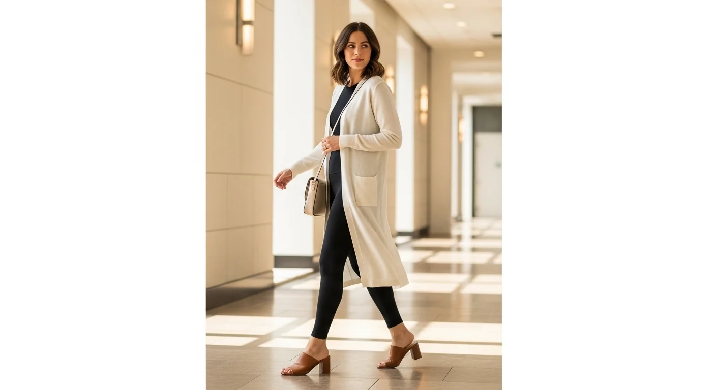 Black leggings paired with a long ivory duster cardigan and block heeled mules for an elevated casual everyday look