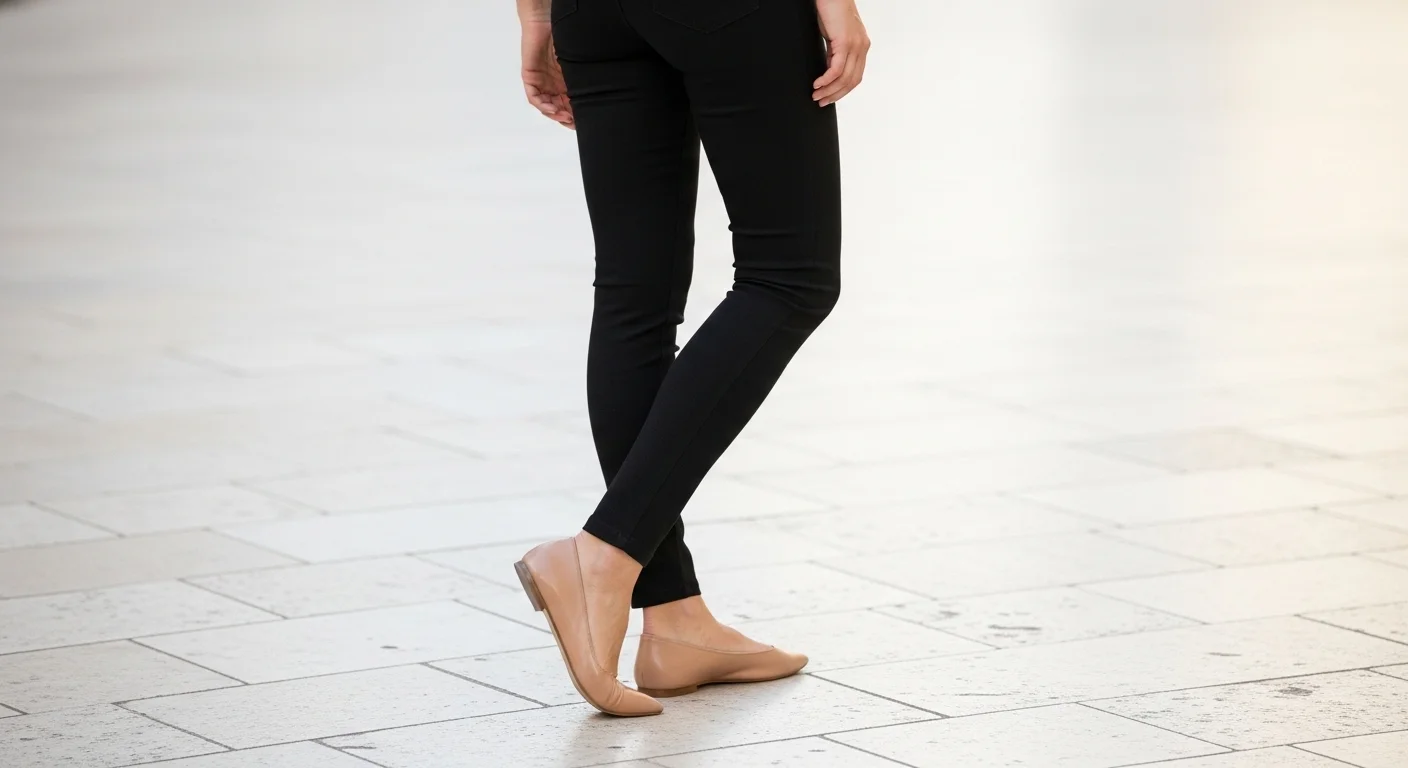 Black leggings paired with pointed toe nude ballet flats for understated elegance