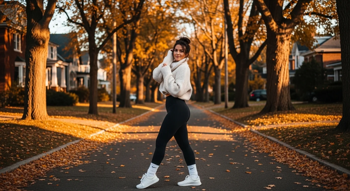 Black leggings styled with a cream chunky knit oversized sweater and white sneakers for a cozy fall outfit
