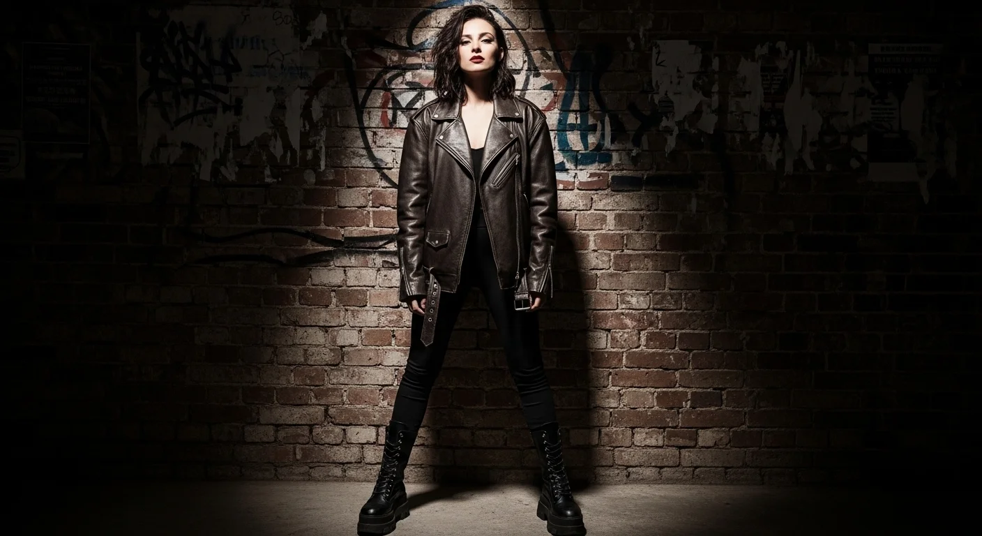 Black leggings styled with chunky combat boots and leather jacket for an edgy look