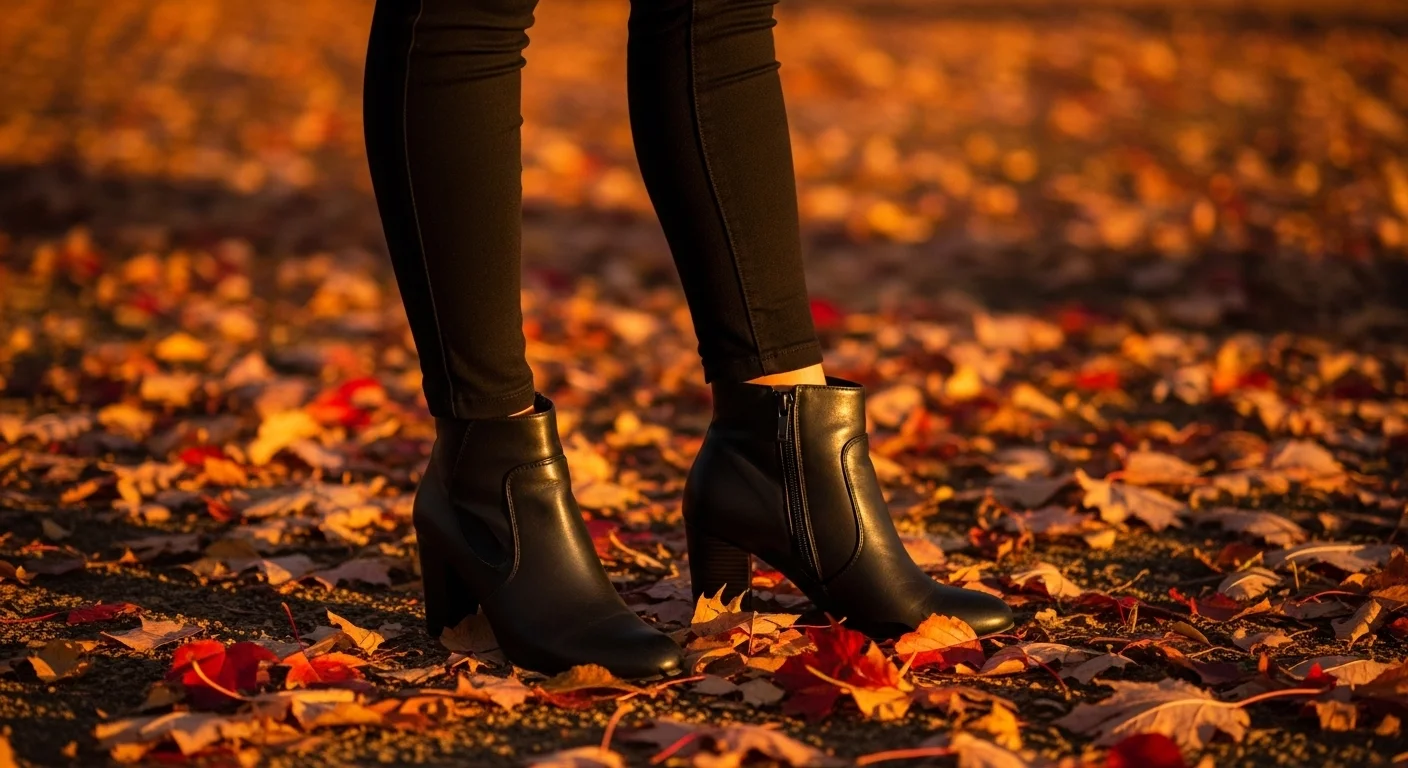 Black leggings styled with heeled ankle boots in autumn setting