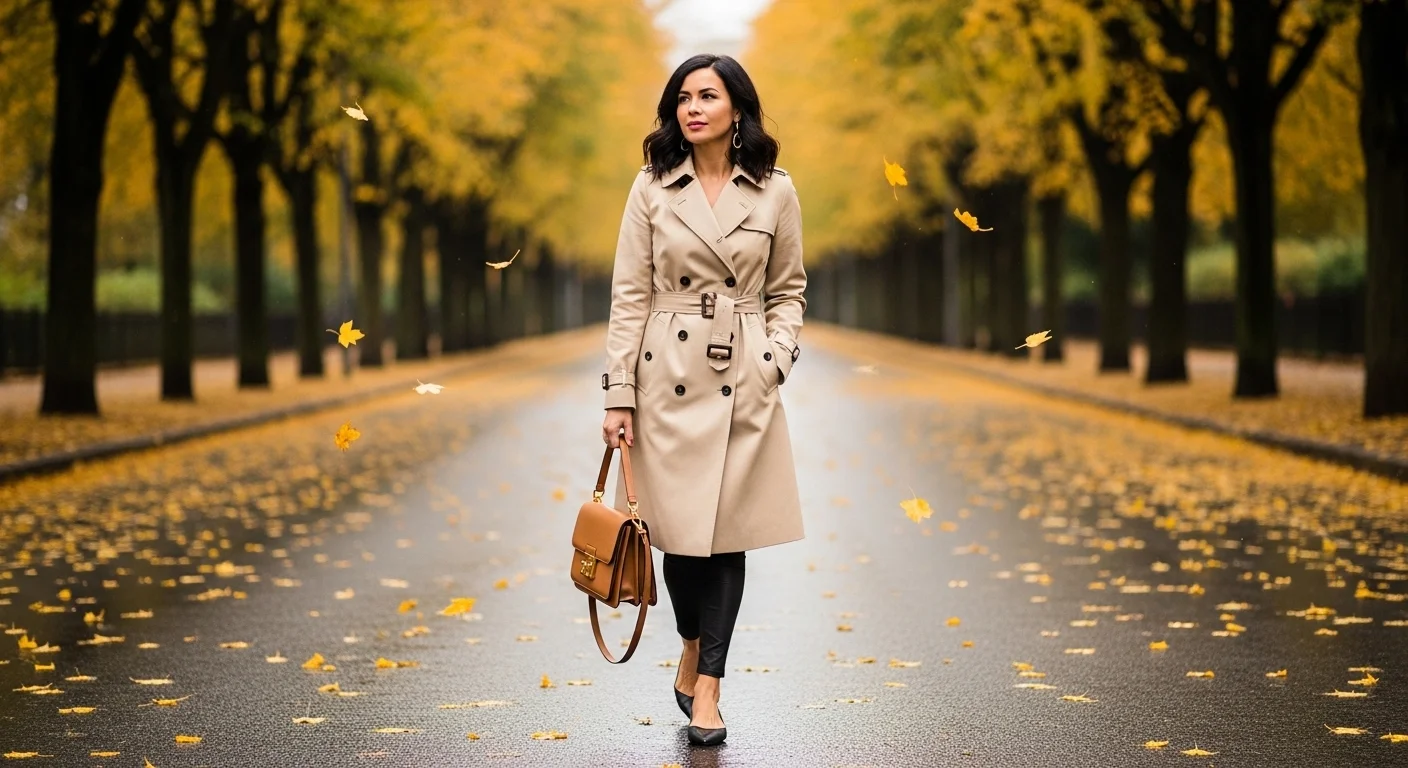 Black leggings with a classic beige belted trench coat and pointed toe flats for a sophisticated transitional season outfit