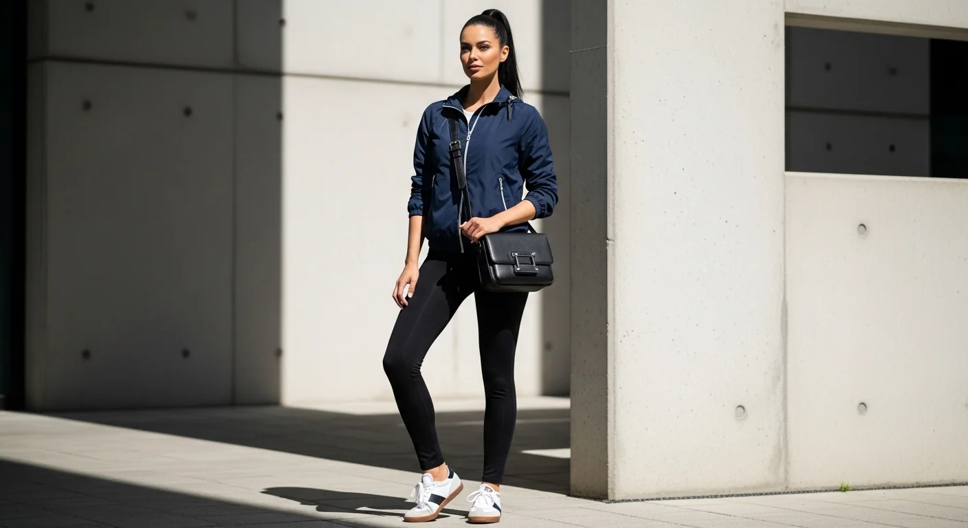 Black leggings with a navy windbreaker jacket and retro white sneakers for a modern and sporty athleisure outfit