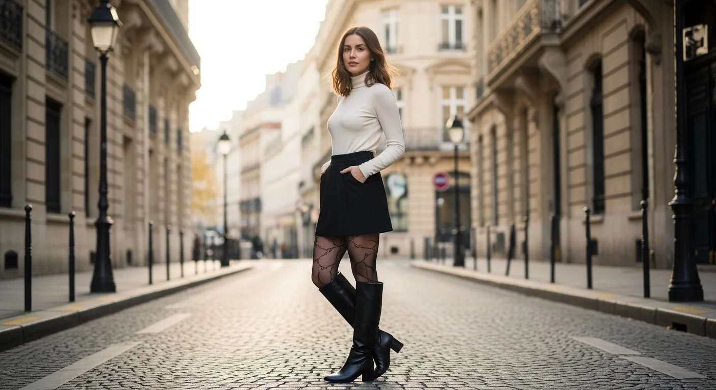 Black mini skirt with patterned tights and knee high boots styled with an ivory turtleneck