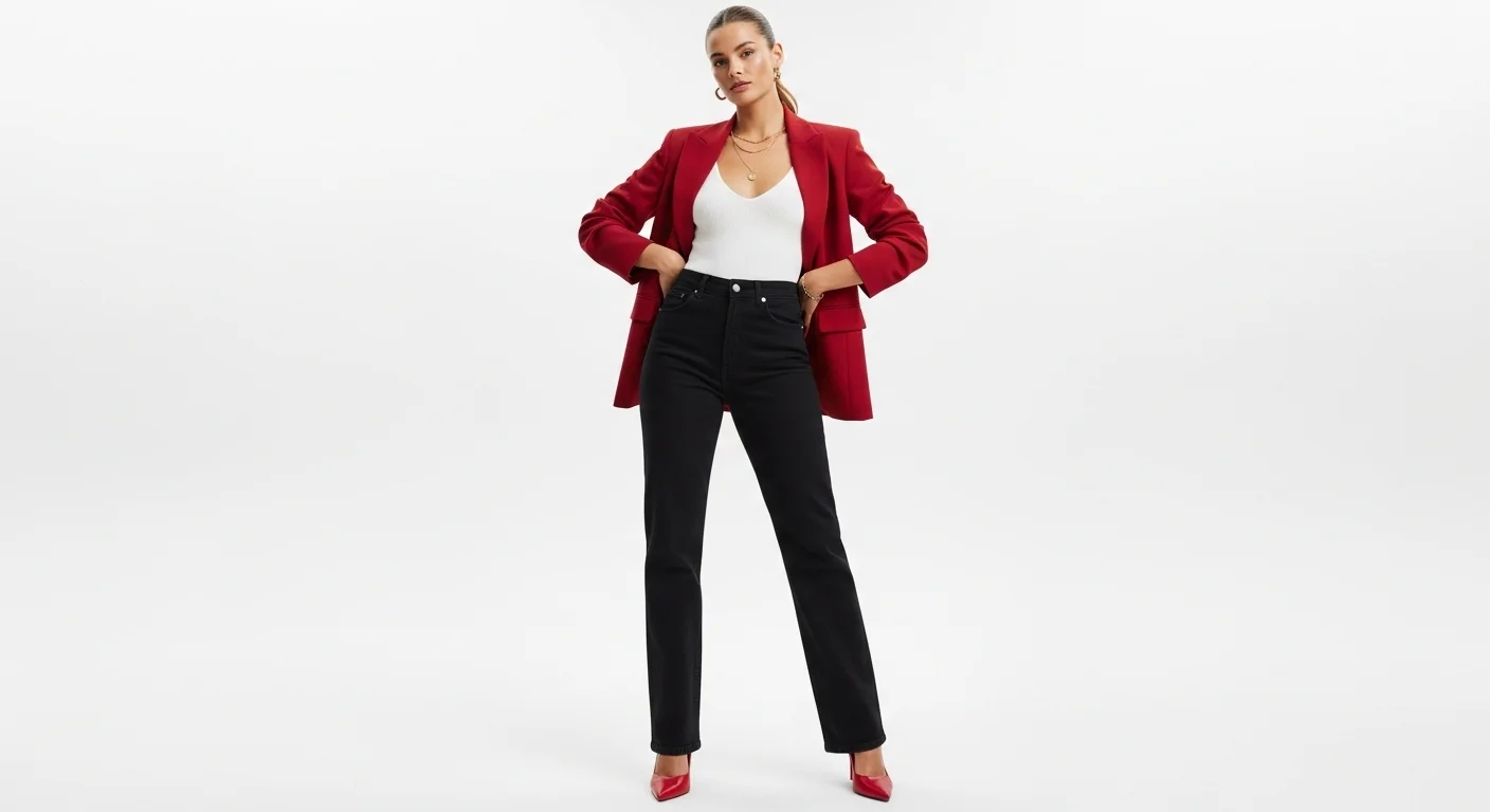 Black jeans outfit with bold cherry red blazer and heels showing how color pops against dark denim