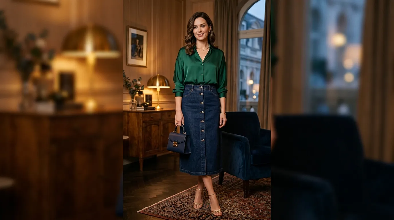 Button Front Denim Skirt with a Silk Blouse