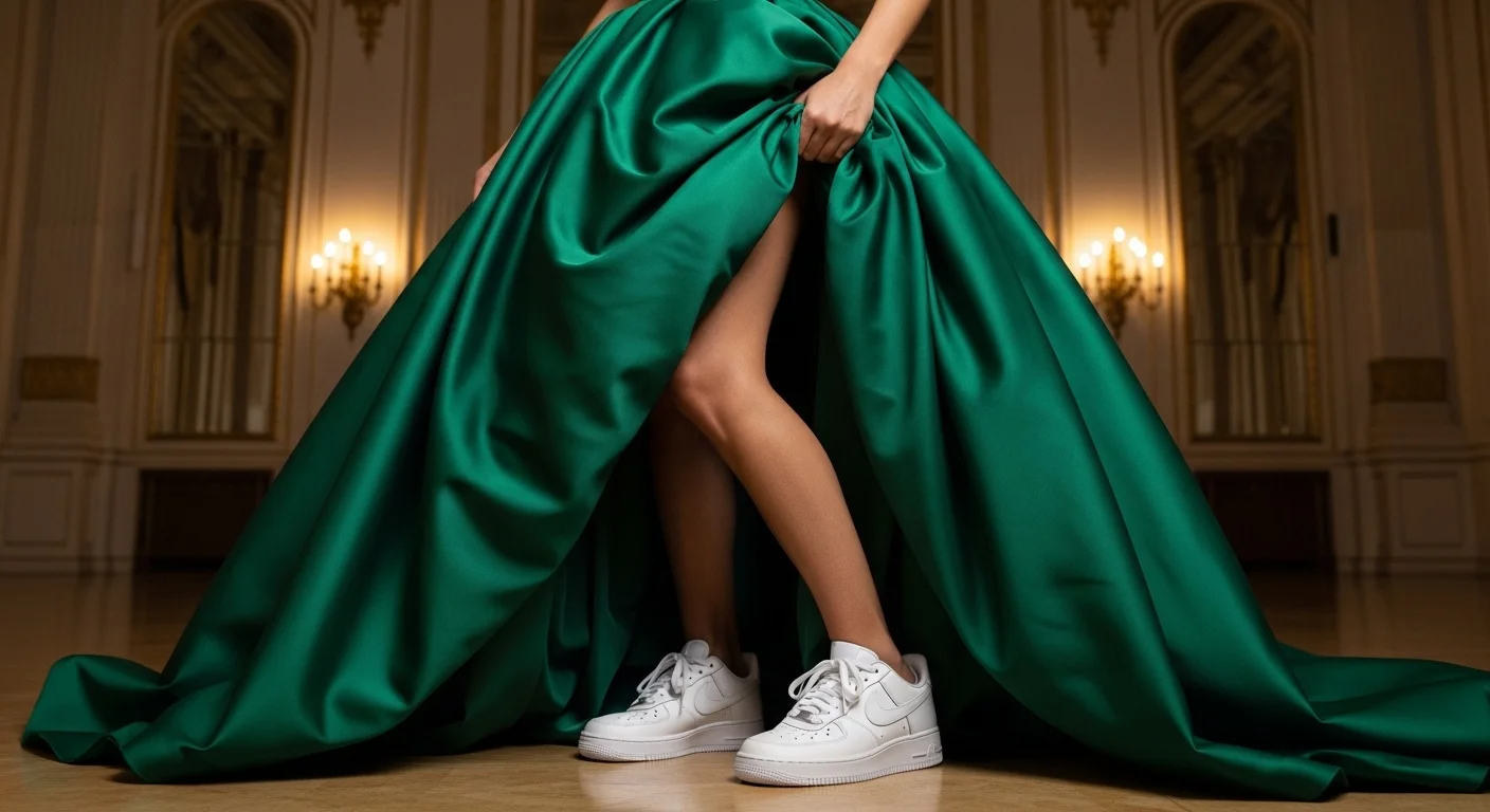Woman in an emerald green ball gown lifting the skirt to reveal white Nike Air Force 1 sneakers a classic sneaker ball outfit look